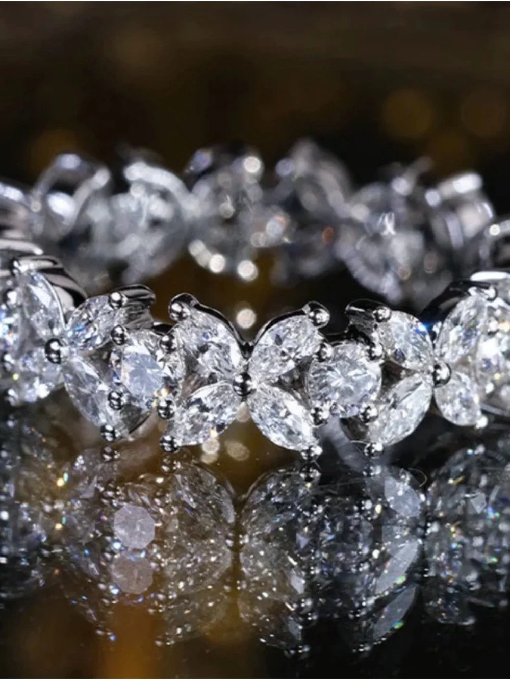 Delicate Leaf-Style Zirconia Eternity Band - Silver Tone